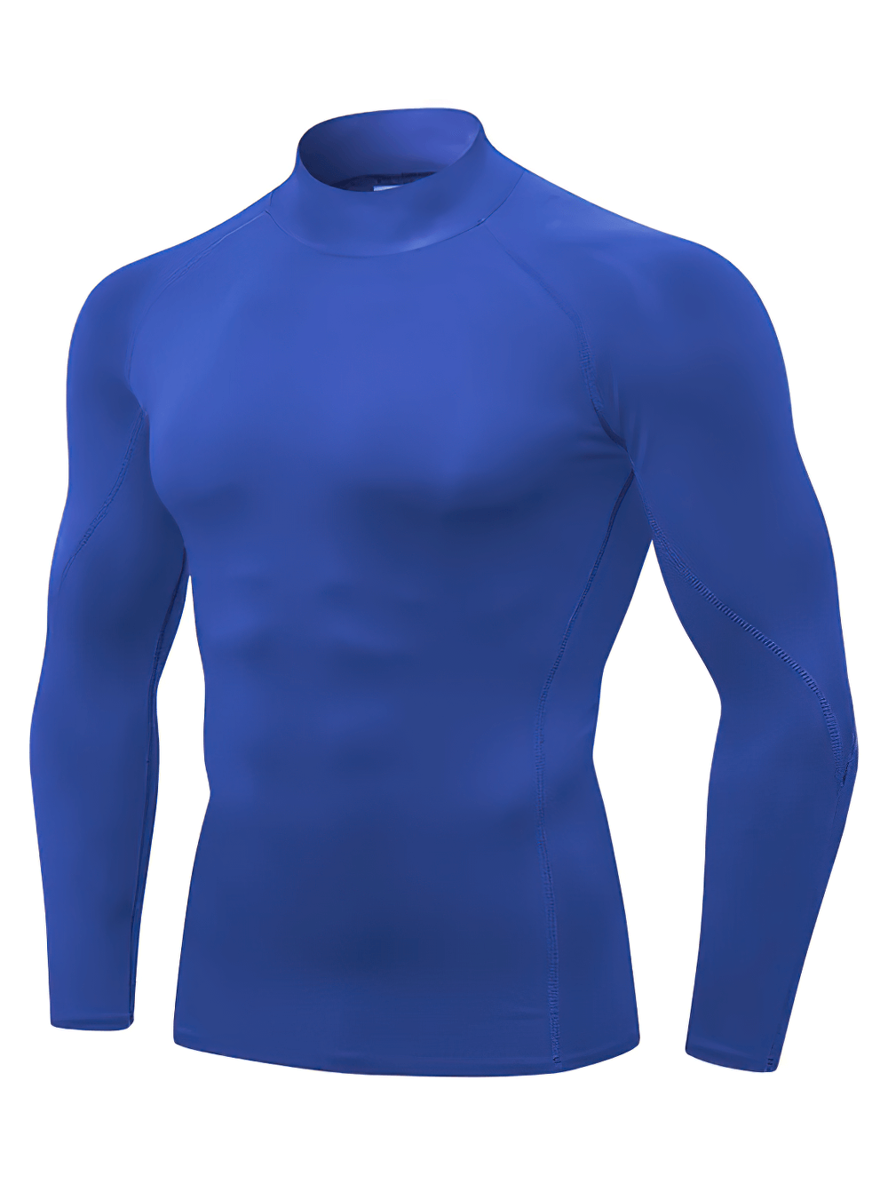 Men's blue athletic compression turtleneck top with long sleeves, ideal for sports. Made of stretchy polyester-spandex blend.